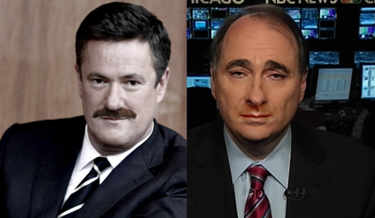 Joe Scarborough with a sample 'stache and David Axelrod without his trademark Chevron mustache