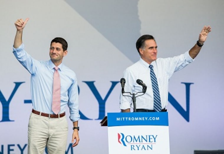 LAS VEGAS, NV - October 23:  Paul Ryan and Mitt Romney at Mitt Romney and Paul Ryan Campaign Rally at Henerson Pavillion on October 23, 2012 in Henderson, Nevada.  (Photo: Kabik/Starlite/Picturegroup via AP IMAGES)