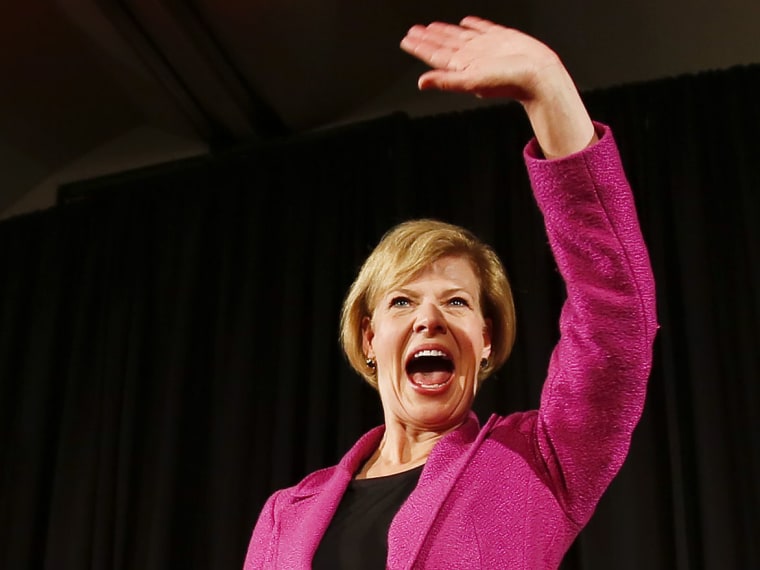 Tammy Baldwin, D-Wis., waves to supporters after making her a victory speech in Wisconsin's U.S. Senate race, Tuesday, Nov. 6, 2012, in Madison, Wis. (AP Photo/Andy Manis)