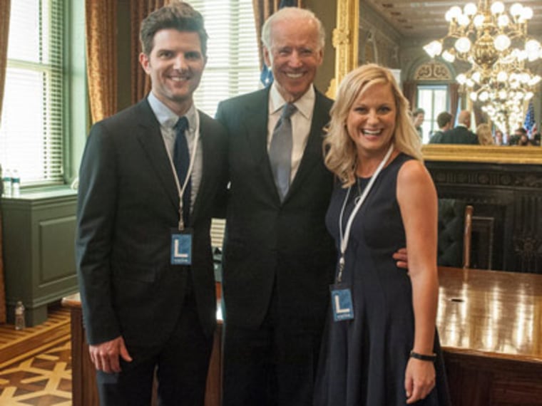 Vice President Joe Biden with Adam Scott and Amy Poehler while filming an episode of \"Parks and Recreation.\" (David Giesbrecht/NBC)