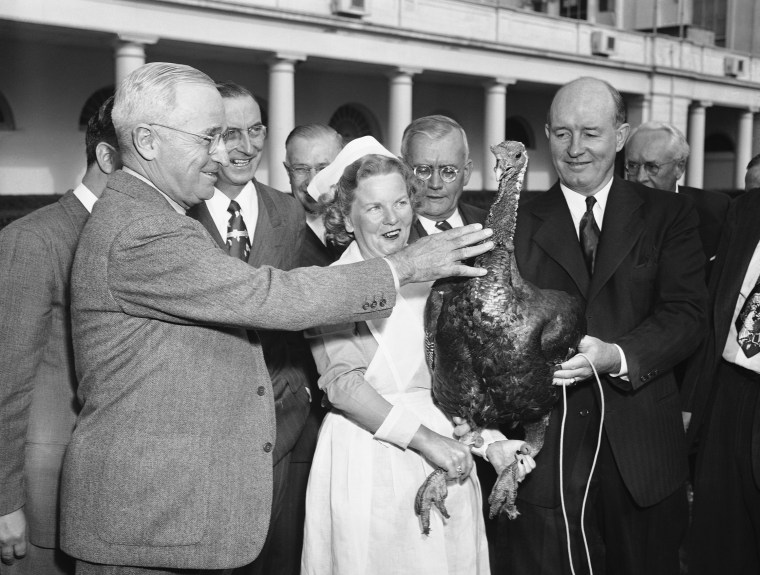 President  Harry Truman stands at arms' length as he inspects a turkey presented to him on Nov. 16, 1949 by a group of turkey raisers.    Meanwhile, Mrs. Arthur Hinds of Lexington, Mass., dressed in a Pilgrim costume, keeps a tight grip on the bird's...