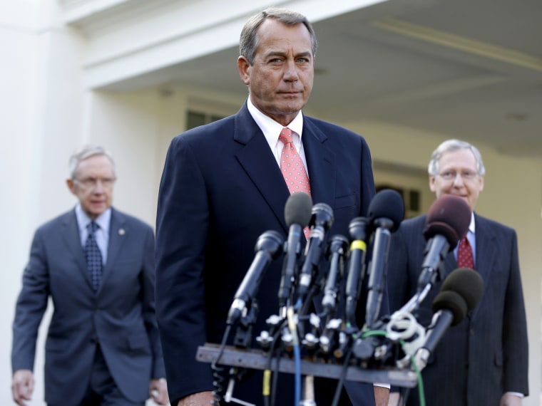 House Speaker John Boehner of Ohio, center, followed by Senate Majority Leader Harry Reid of Nev., left, and Senate Minority Leader Mitch McConnell of Ky., approaches the microphones outside the White House in Washington on Friday, Nov. 16, 2012, to...