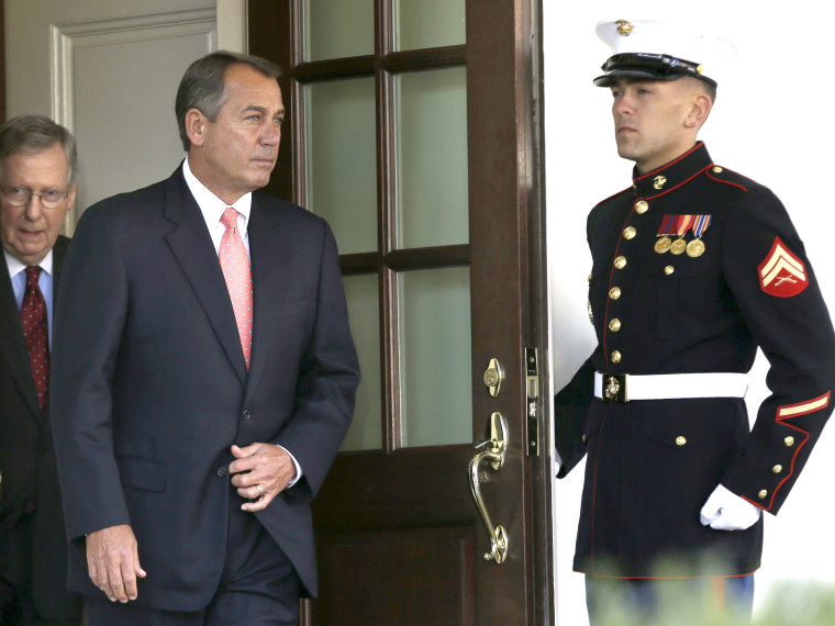 House Speaker John Boehner of Ohio, center, followed by Senate Minority Leader Mitch McConnell of Ky., leaves the White House the White House in Washington, Friday, Nov. 16, 2012, to speak to the media after meeting with President Barack Obama to...