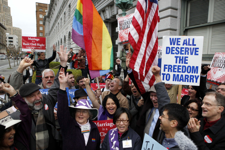 Gay Marriage advocates cheer during a rally moments before hearing the news of the Proposition 8 over-ruling outside the Ninth Circuit Courthouse in San Francisco, California, in this February 7, 2012, file photo (Photo: Reuters/Beck Diefenbach)