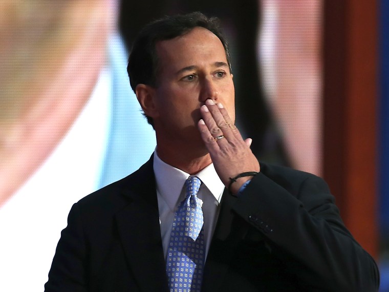 File Photo: Former U.S. Sen. Rick Santorum gestures after speaking on stage during the Republican National Convention at the Tampa Bay Times Forum on August 28, 2012 in Tampa, Florida. Today is the first full session of the RNC after the start was...
