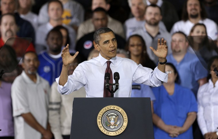 President Barack Obama gestures as he speaks to workers about the economy during a visit to Daimler Detroit Diesel in Redford, Mich., Monday, Dec. 10, 2012. (AP Photo/Paul Sancya)