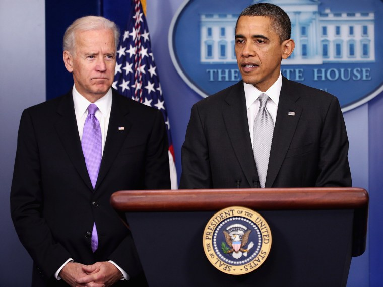U.S. President Barack Obama (R) announces the creation of an interagency task force for guns as as Vice President Joseph Biden listens in the Brady Press Briefing Room at the White House on December 19, 2012 in Washington, DC. President Obama announced...