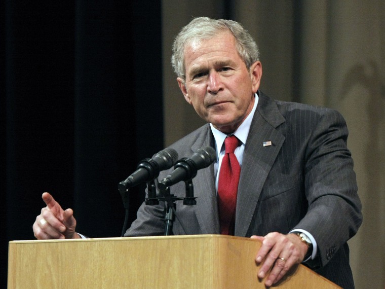 File Photo: Former President George W. Bush speaks at the Economic Club of Southwestern Michigan May 28, 2009 in Benton Harbor, Michigan. Bush was to discuss his presidency and life, as well as the economy and world events in his first speech since...