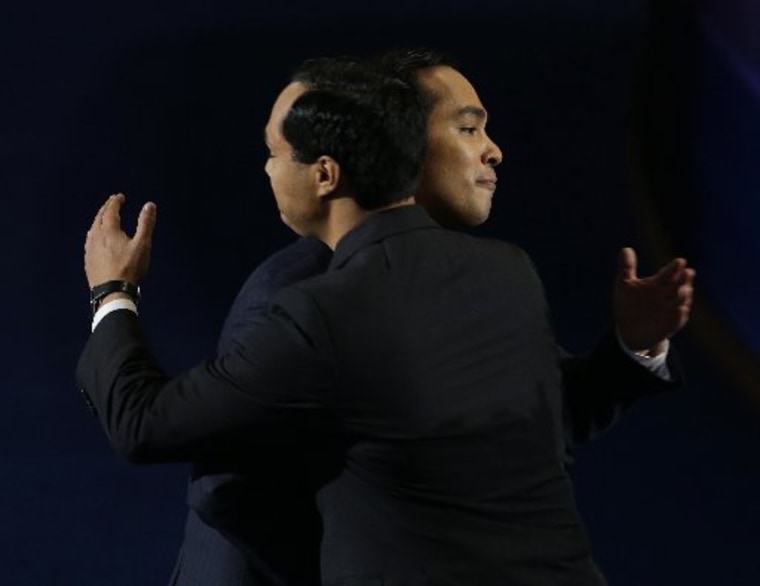 San Antonio Mayor Julian Castro, right, hugs his brother Joaquin Castro after his speech at the Democratic National Convention. (AP Photo/Lynne Sladky)