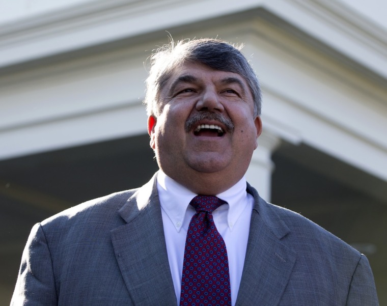 AFL-CIO President Richard Trumka speaks to reporters outside the White House in Washington, Tuesday, Nov. 13, 2012, after a meeting between business leaders and President Barack Obama to the economy and deficit.  (AP Photo/Carolyn Kaster)