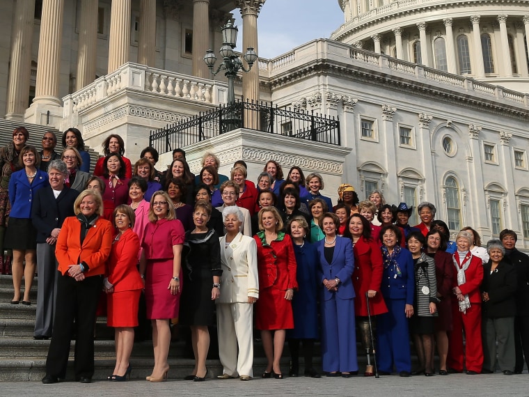 Democratic Leader Nancy Pelosi (D-CA) (C), stands with the Democratic women of the House to highlight the historic diversity of the House Democratic Caucus, on January 3, 2013 in Washington, DC. The new 113th Congress will be sworn in today.  (Photo by...