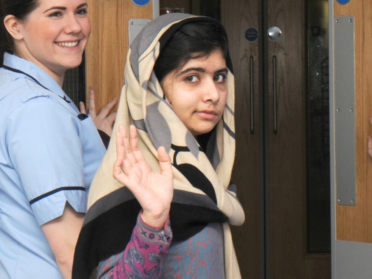 In this handout image supplied by Queen Elizabeth Hospital, Malala Yousafzai leaves the Queen Elizabeth Hospital on January 04, 2013 in Birmingham, United Kingdom. The Pakistani schoolgirl activist who was shot in the head by Taliban gunmen has been...