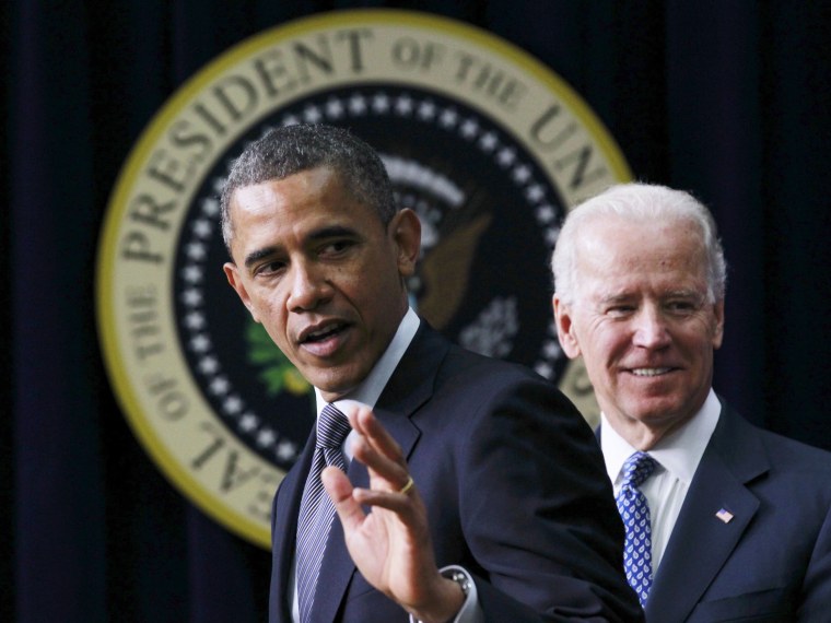 U.S. President Barack Obama (L) unveils a series of proposals to counter gun violence as Vice President Joe Biden looks on during an event at the White House in Washington, January 16, 2013. Vice President Joe Biden delivered his recommendations to...