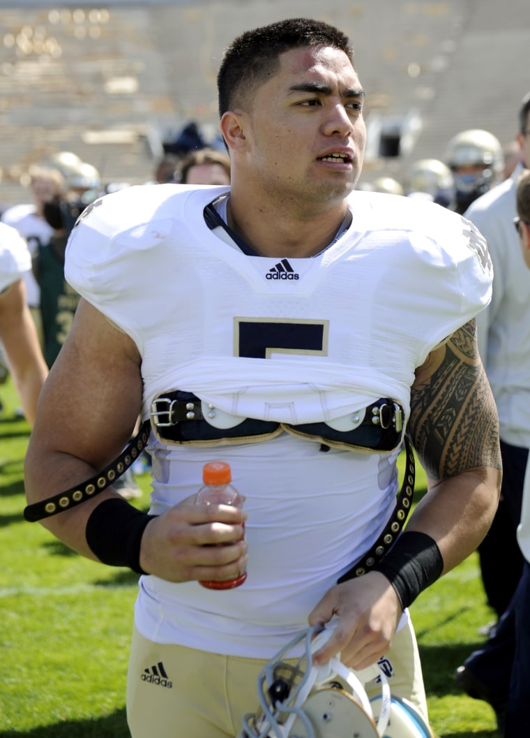 In this April 21, 2012, photo, Notre Dame linebacker Manti Te'o appears at the Blue and Gold spring NCAA college football game in South Bend, Ind. A story that Te'o's girlfriend had died of leukemia _ a loss he said inspired him to help lead the Irish...