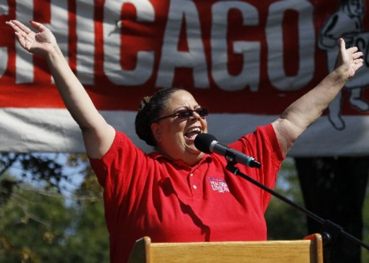Karen Lewis, president of the Chicago Teachers Union addresses  the crowd during a rally Saturday, Sept. 15, 2012, in Chicago. (Photo by Charles Rex Arbogast/AP)