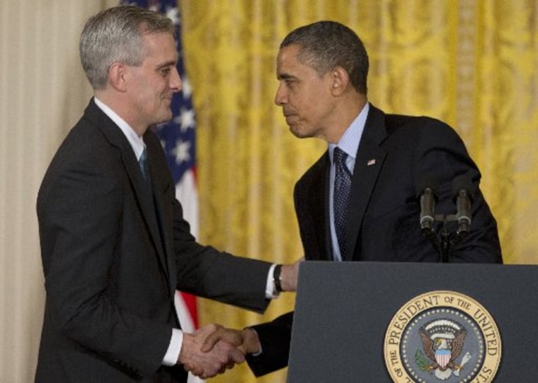 President Barack Obama shakes hands with current Deputy National Security Adviser Denis McDonough in the East Room of the White House in Washington, where he announced that he will name McDonough as his next chief of staff.  (AP Photo/Carolyn Kaster)