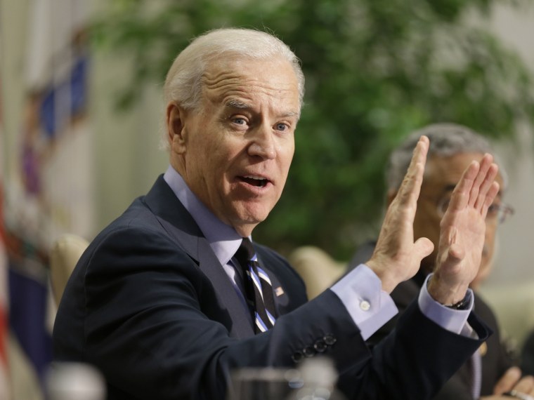 In this Jan. 25, 2013, photo, Vice President Joe Biden gestures during a round table discussion  on gun violence at Virginia Commonwealth University in Richmond, Va.  The panelists included officials who worked on the aftermath of the Virginia Tech...