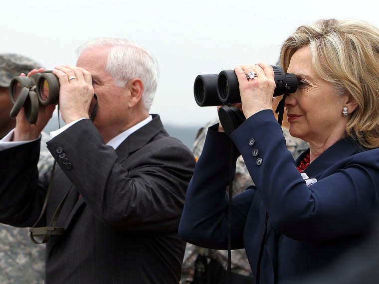File Photo: U.S. Secretary of State Hillary Clinton and U.S. Secretary of Defense Robert Gates look from the observation post on July 21, 2010 in Panmunjom, South Korea. (Photo by Korea Pool/Getty Images, File)