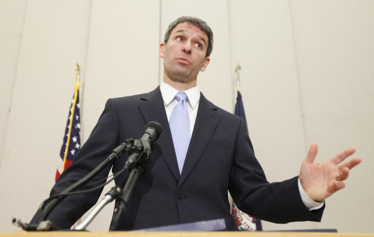 Virginia Attorney General Ken Cuccinelli gestures during a press conference after a hearing before the 4th Circuit Court of Appeals on a challenge to the federal health care reform act in Richmond, Va., Tuesday, May 10, 2011.  (Photo by Steve Helber/AP)