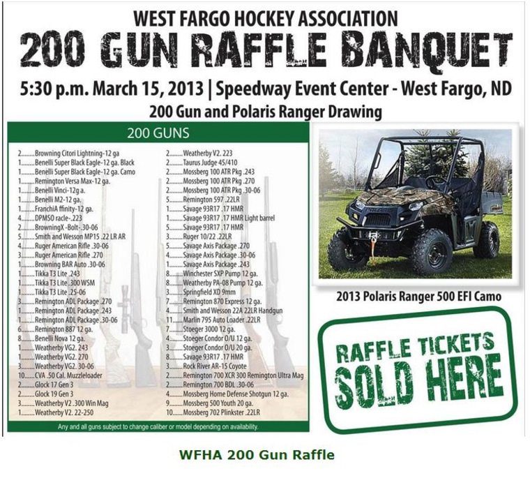 The West Fargo Hockey Association website promotes a gun raffle to raise money for league teams in North Dakota.