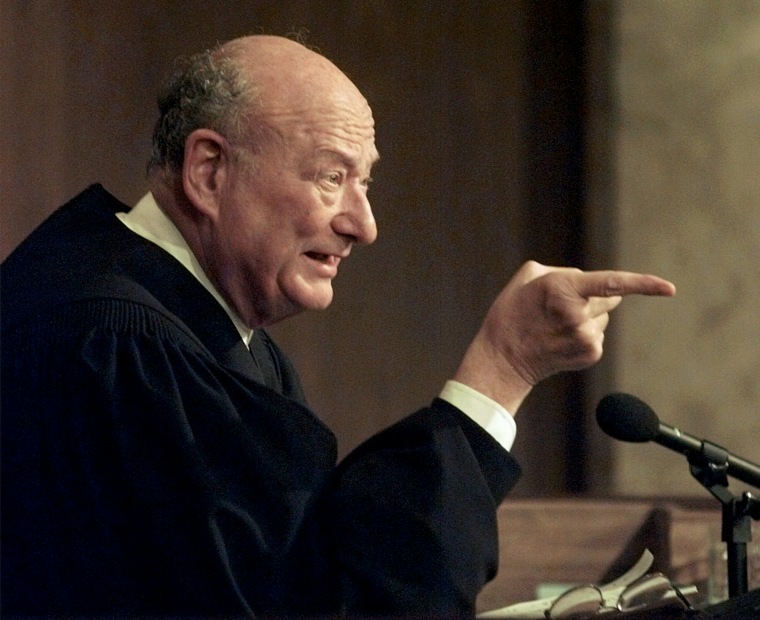 Former New York Mayor Ed Koch, now the presiding judge on \"The People's Court,\" tapes a show at a New York studio Thursday, Aug. 21, 1997. (AP Photo/Mark Lennihan)