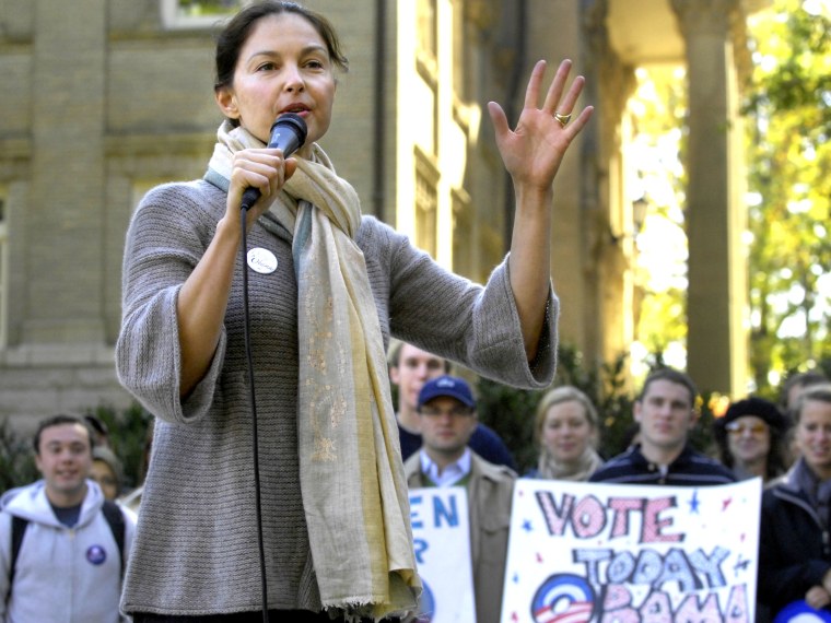 File Photo: Actress Ashley Judd campaigns for Democratic presidential candidate Barack Obama at the University of North Carolina on October 30, 2008 in Chapel Hill, North Carolina. (Photo by Sara D. Davis/Getty Images, File)