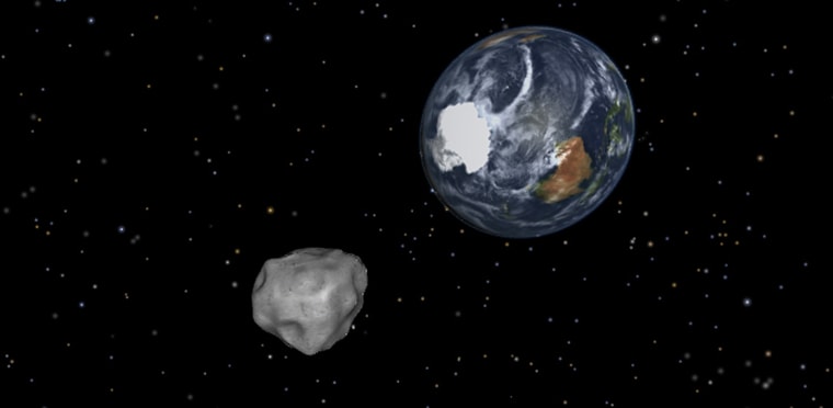 This image provided by NASA/JPL-Caltech shows a simulation of asteroid 2012 DA14 approaching from the south as it passes through the Earth-moon system on Feb. 15, 2013. The 150-foot object will pass within 17,000 miles of the Earth. NASA scientists...