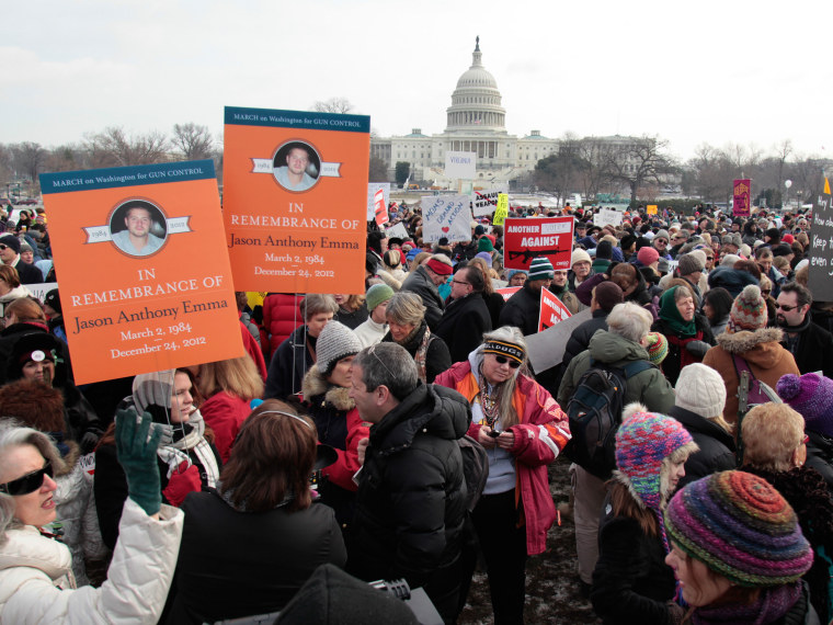 Thousands of people participate in the March on Washington for Gun Control on January 26, 2013 in Washington, following last month's school shooting in Newtown, Connecticut.  (Photo by Yuri Gripas/AFP/Getty Images)