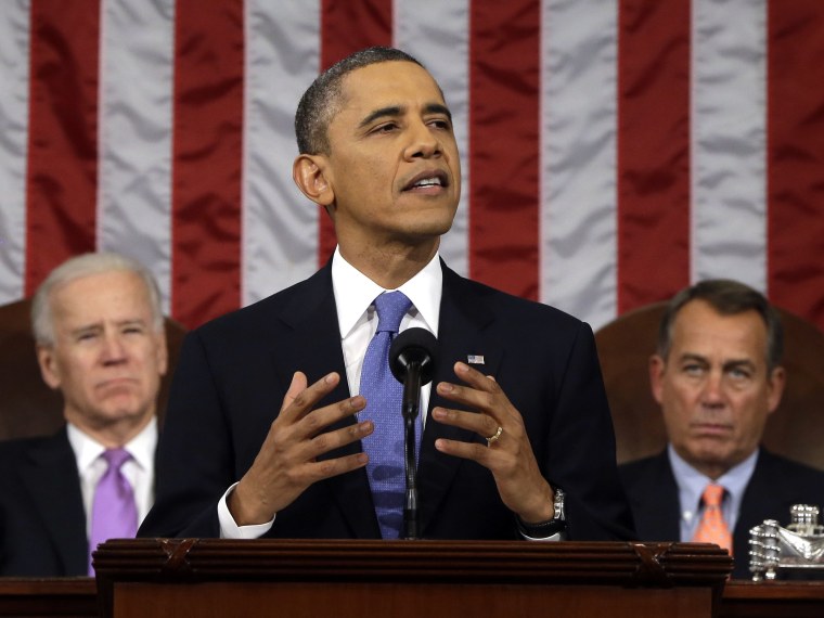President Barack Obama, flanked by Vice President Joe Biden and House Speaker John Boehner of Ohio, gestures as State of the Union address during a jointhe gives his session of Congress on Capitol Hill in Washington, Tuesday Feb. 12, 2013. (Photo by AP...