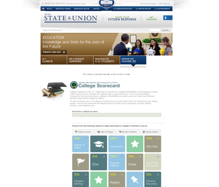 The White House released its interactive College Scoreboard following President Obama's 2013 State of the Union speech (Screenshot: whitehouse.gov)