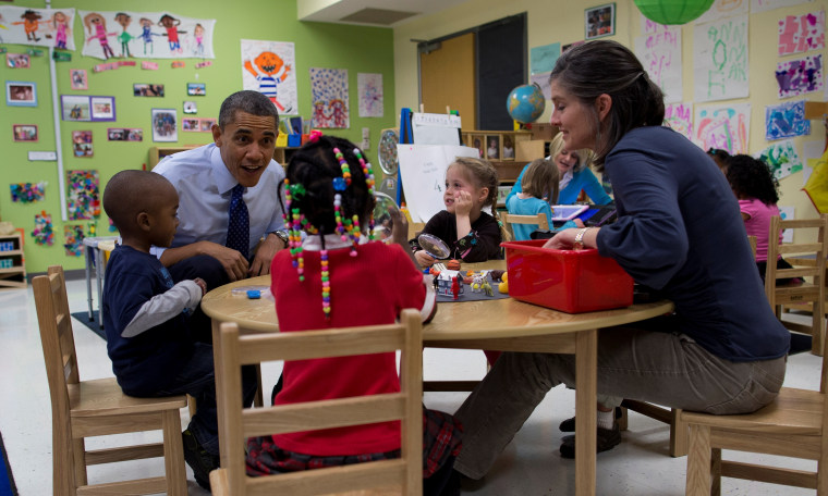President Barack Obama visits a pre-kindergarten classroom at College Heights Early Childhood Learning Center in Decatur, Ga. (AP Photo/ Evan Vucci)