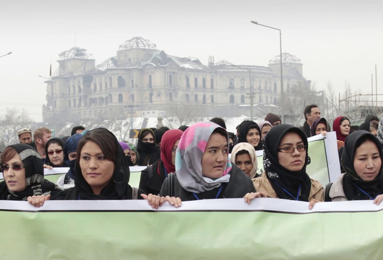 Dozens of Afghan activists marked Valentines Day by marching in Kabul to denounce violence against women. As the U.S. prepares to withdraw, Afghan women fear their rights will disappear. (AP Photo/Musadeq Sadeq)