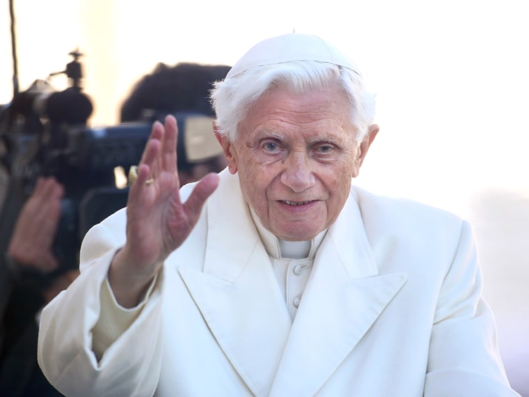 Pope Benedict XVI waves to the faithful as he arrives  in St Peter's Square for his final general audience on February 27, 2013 in Vatican City, Vatican. The Pontiff attended his last weekly public audience before stepping down tomorrow. Pope Benedict...