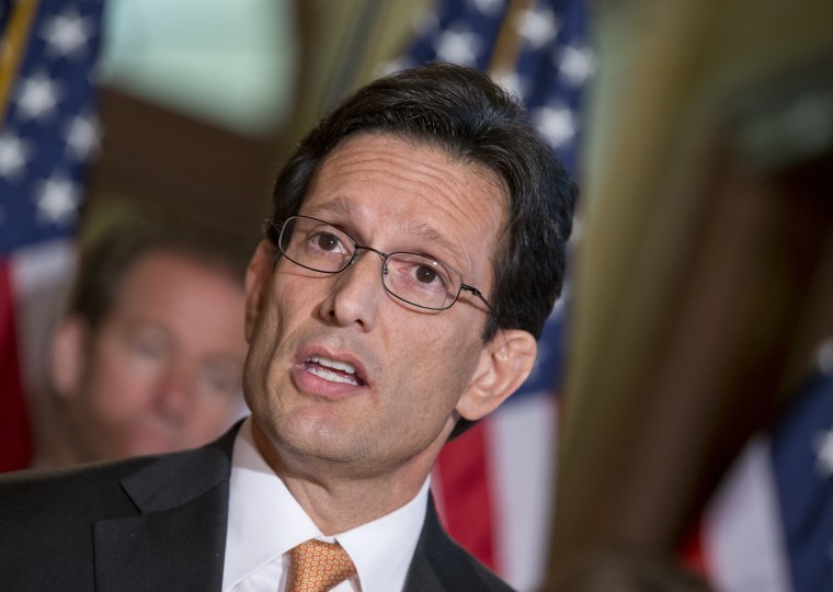 File photo: House Majority Leader Eric Cantor, R-Va., and the House GOP leadership respond to President Barack Obama's remarks to the nation's governors earlier today about how to fend off the impending automatic budget cuts Feb. 25, 2013. (Photo by: J...