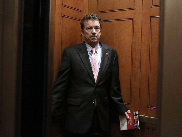 U.S. Senator Rand Paul (R-KY) leaves after a caucus meeting at the Capitol February 14, 2013 on Capitol Hill in Washington, DC. The GOP senators are working to hold up the confirmation vote on former Sen. Chuck Hagel (R-NE) to be the next secretary of...