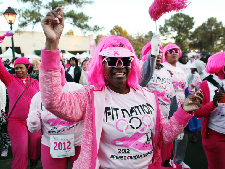 File Photo: Tamalah Williams, center, wears a breast cancer awareness T-shirt as she dances to warm up for the 20th Susan G. Komen Race for The Cure in Germantown, Tenn. on Saturday, Oct. 27, 2012. Around 14,000 people gathered to participate in the...
