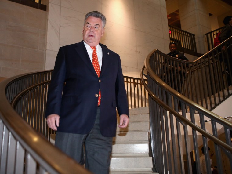 File Photo: House Permanent Select Committee on Intelligence member Rep. Peter King (R-NY) arrives at the U.S. Capitol for a hearing November 16, 2012 in Washington, DC. Former Central Intelligence Agency Director David Petraeus will testify before the...
