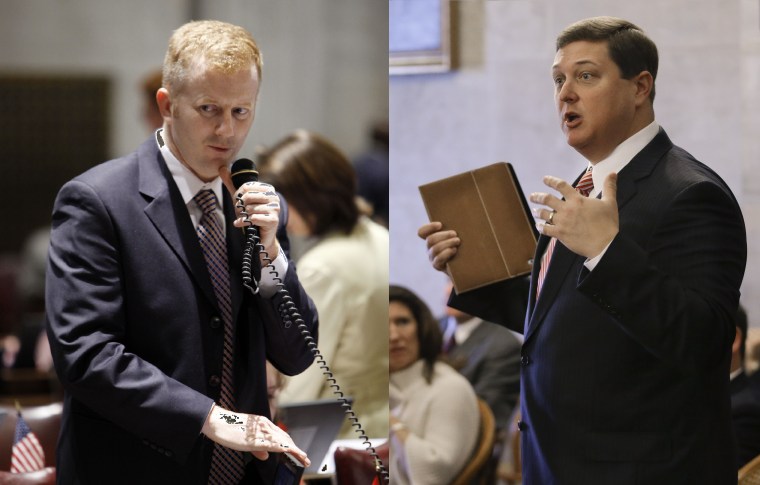 Sen. Stacey Campfield, left, (R-Knoxville) and Rep. Vance Dennis, right, (R-Savannah), sponsored the bill that would reduce welfare benefits for families of children that perform poorly in school. (AP Photos by Mark Humphrey)