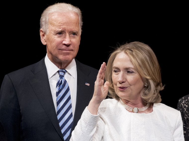 Vice President Joe Biden and former Secretary of State Hillary Rodham Clinton appear onstage at the Vital Voices Global Partnership 2013 Global Leadership Awards gala at the Kennedy Center for the Performing Arts in Washington, Tuesday, April 2, 2013. ...
