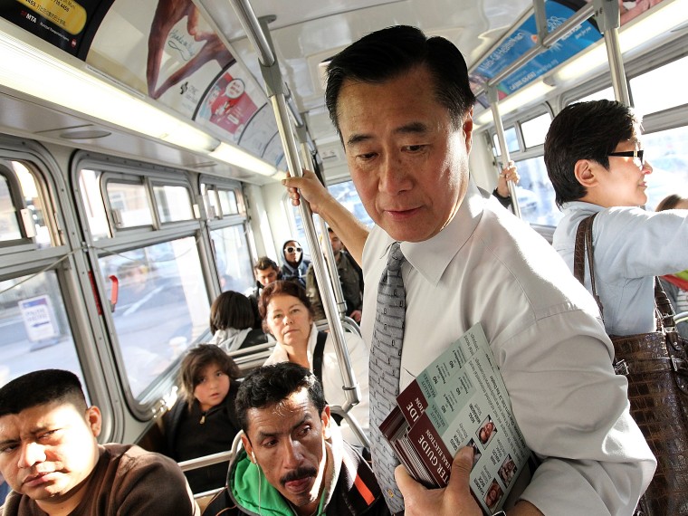 File Photo: California State senator and then candidate for San Francisco mayor Leland Yee campaigns on a MUNI bus on November 7, 2011 in San Francisco, California. (Photo by Justin Sullivan/Getty Images, File)