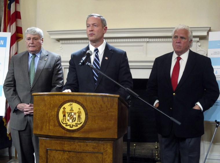 FILE - In this March 4, 2013 file photo, Maryland Gov. Martin O'Malley, center, announces a transportation funding measure in Annapolis, Md., with House Speaker Michael Busch, left, and Senate President Thomas V. Mike Miller. While several major issues...