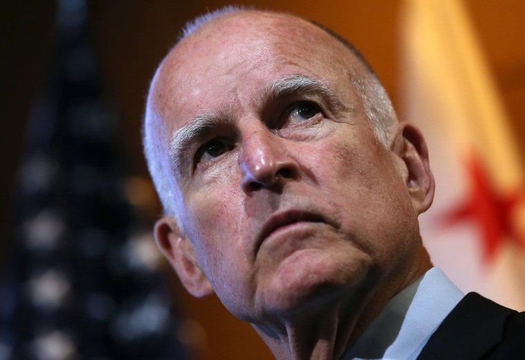 California Gov. Jerry Brown looks on during a news conference at Google headquarters on September 25, 2012 in Mountain View, California.