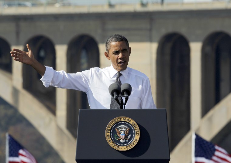 President Obama addresses a crowd at the Key Bridge today, pushing for infrastructure jobs.