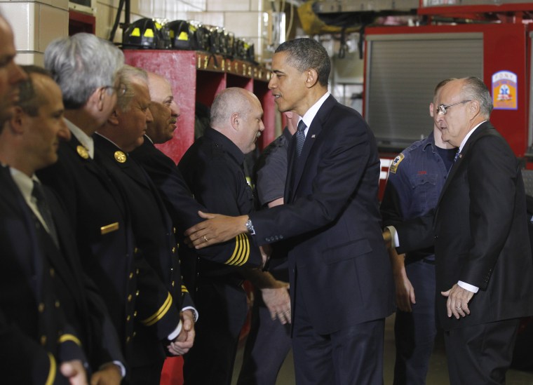 President Obama and former New York City Mayor Rudy Giuliani meet with firefighters and first responders at Engine 54, Ladder 4, Battalion 9 before visiting the National  9/11 Memorial.
