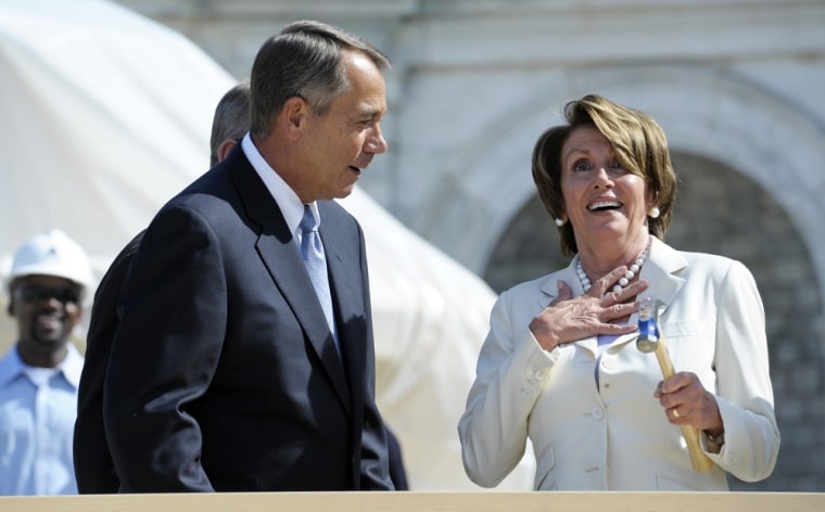 Speaker of the House John Boehner of Ohio and Minority Leader Nancy Pelosi of California participate in the launch of inaugural platform where the next president of the United States will take the oath of office.