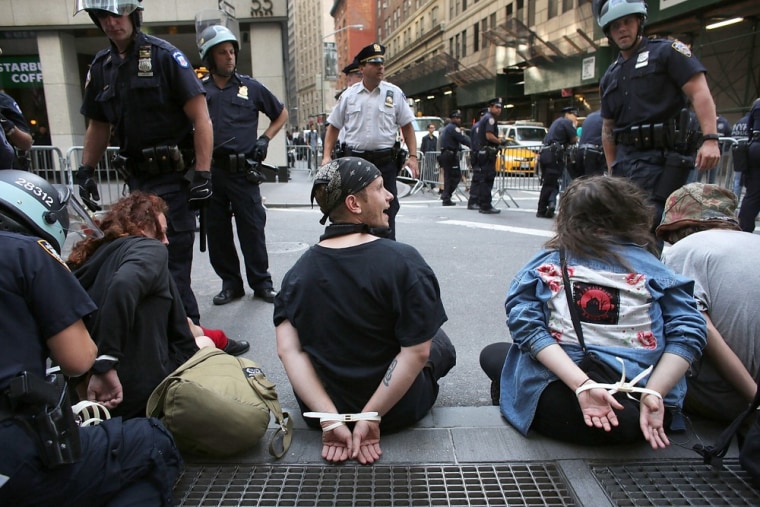 Protesters are arrested during Occupy Wall Street demonstrations on September 17, 2012, in New York City. The movement, which sparked international protests and sympathy for its critique of the global financial crisis, is commemorating the first...