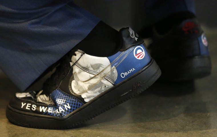 An unidentified delegate wears a pair of Obama 2008 campaign shoes at the Democratic National Convention, Sept. 4.