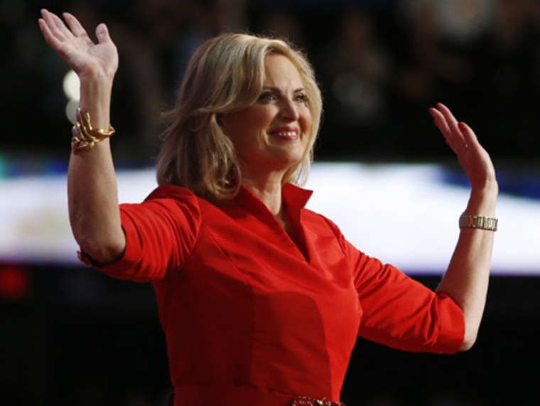 Ann Romney, wife of U.S. Republican presidential nominee Mitt Romney, waves as she walks up to the podium during the Republican National Convention in Tampa, Fla., on Tuesday, Aug. 28.
