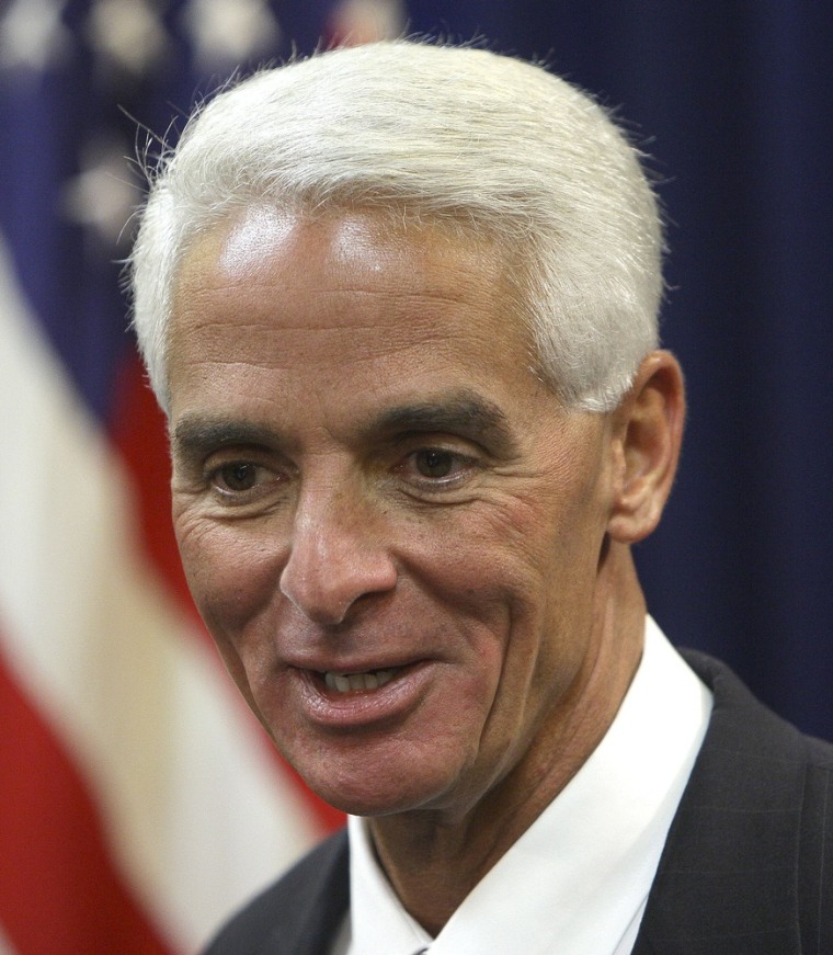 Then Florida Gov. Charlie Crist speaks during a news conference, Wednesday, Oct. 14, 2009, in Tallahassee, Fla.