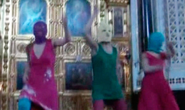 Members of the female punk band \"Pussy Riot\" stage a protest inside Christ The Saviour Cathedral in Moscow in this still image taken from file video on February 21, 2012.